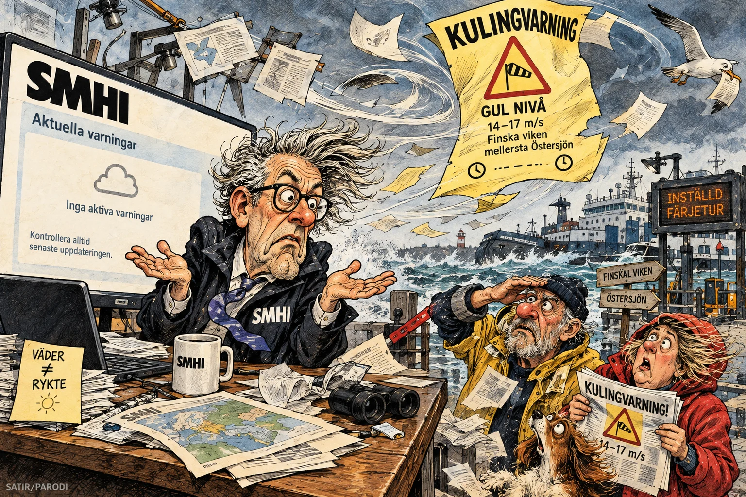 Satirillustration till artikeln: Kulingvarningen blåser bort – SMHI:s tjänst hittar ingen aktuell varning