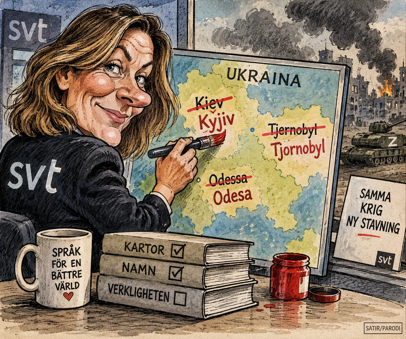 Satirillustration till artikeln: SVT byter Kiev mot Kyjiv – kriget fortsätter tills vidare på båda språken