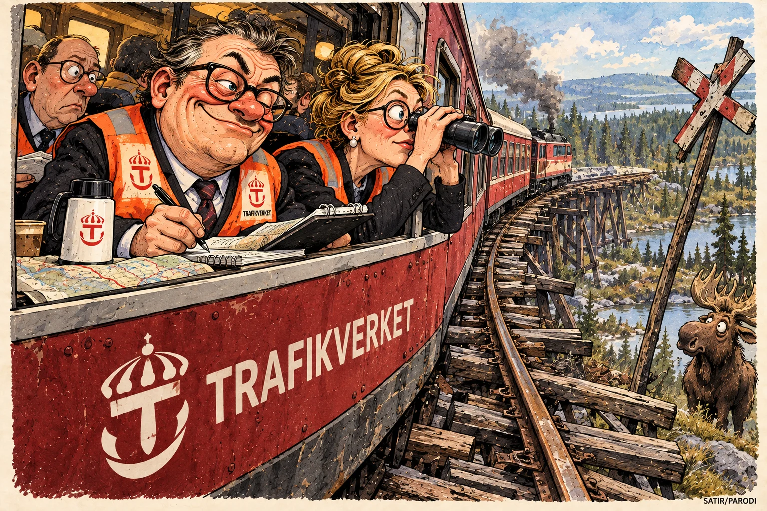 Satirillustration till artikeln: Trafikverket tar tåget för att undersöka om tåget behöver hjälp
