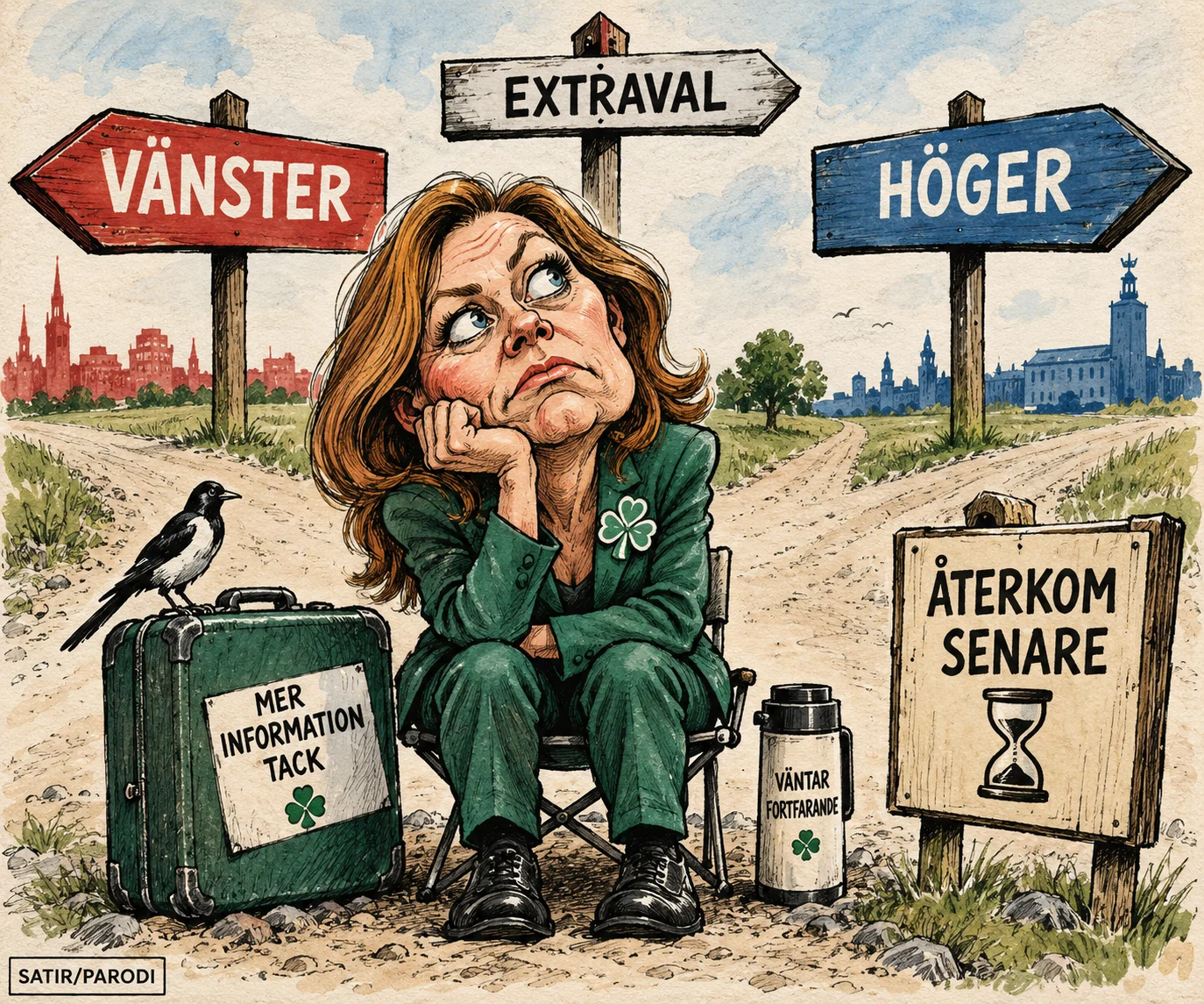 Satirillustration till artikeln: Centern väljer mellan tre vägar – och tar den fjärde: att avvakta