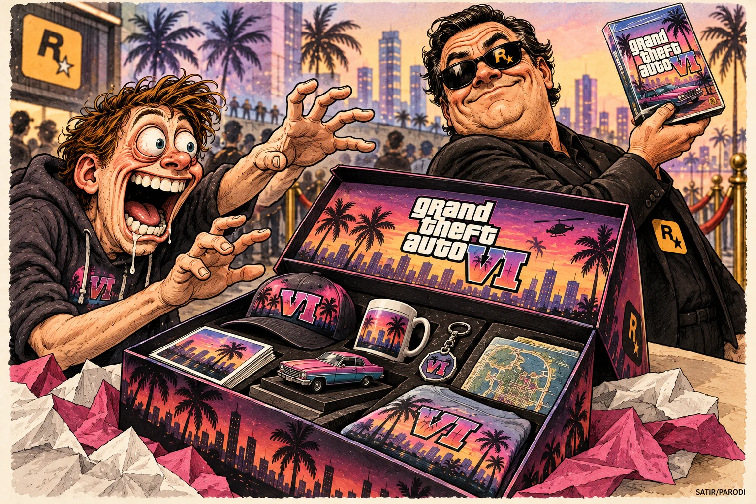 Satirillustration till artikeln: GTA VI-samlarboxen firar spelet genom att hålla det borta