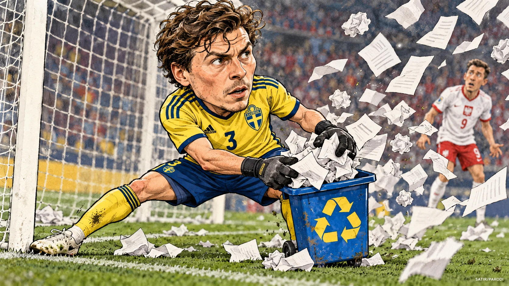 Satirillustration till artikeln: Lindelöf tog hand om återvinningen mot Polen