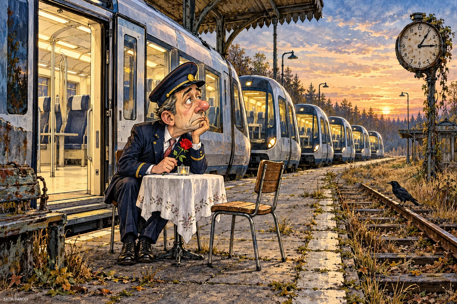 Satirillustration till artikeln: Fem tåg söker passagerare att köra