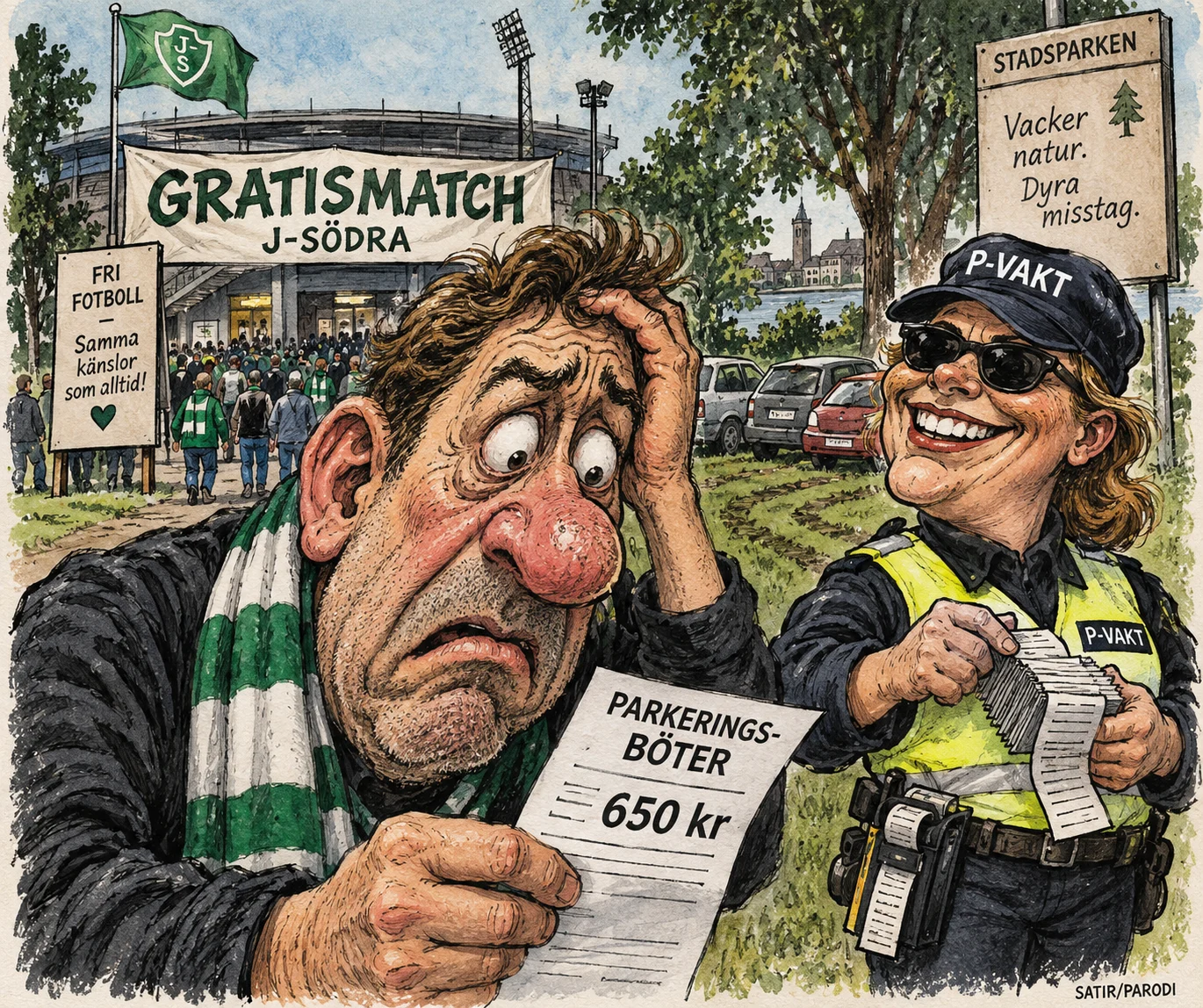 Satirillustration till artikeln: Gratismatch slutade med 65 parkeringsböter – publiken fick ändå betala inträdet