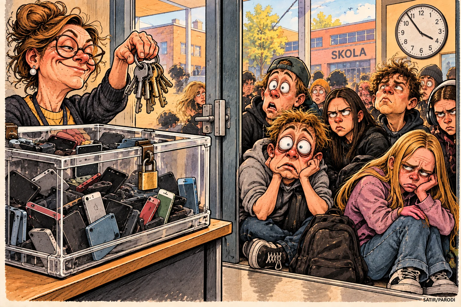 Satirillustration till artikeln: Mobilförbud får eleverna att stanna kvar i skolan – tills telefonerna återlämnas