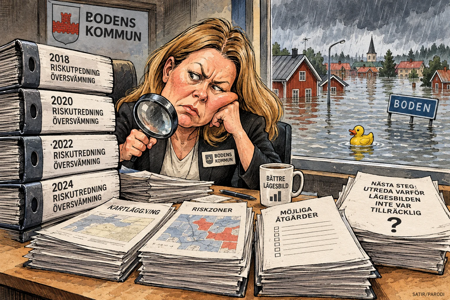 Satirillustration till artikeln: Boden beställde fyra utredningar om översvämning – vattnet hann före åtgärderna
