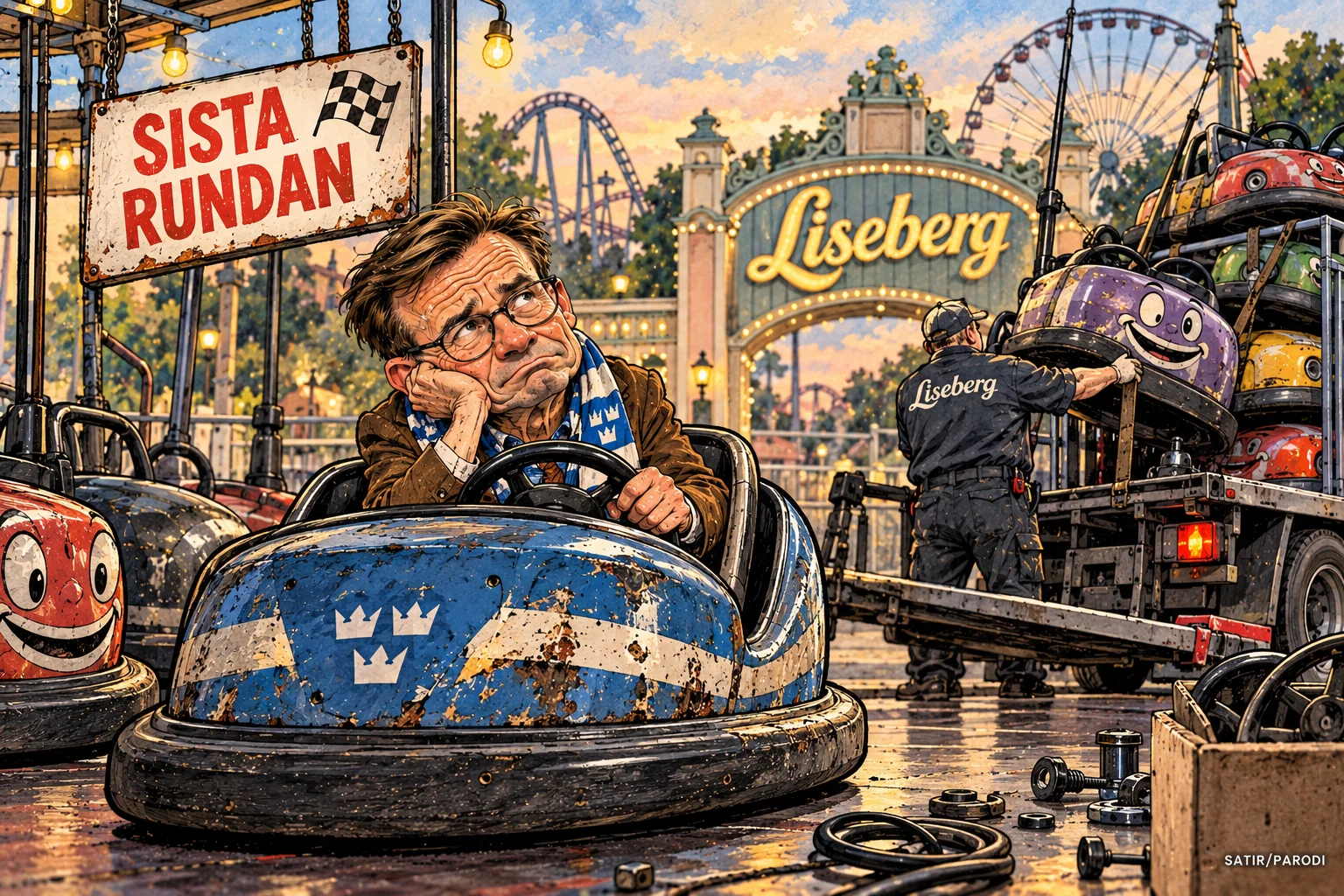 Satirillustration till artikeln: Liseberg avskaffar krockarna efter nästan hundra år