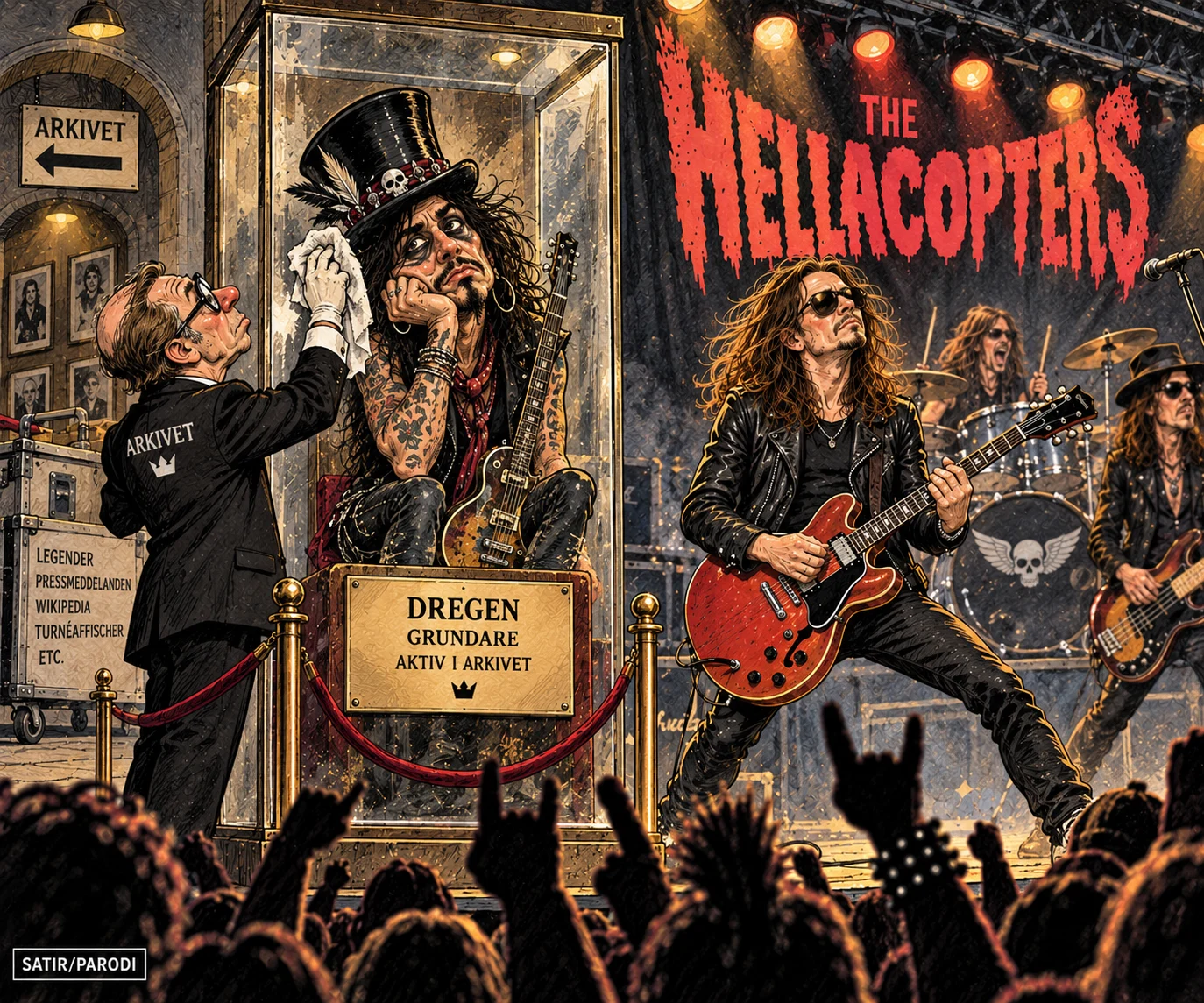 Satirillustration till artikeln: The Hellacopters hittar lösningen på ett medlemsbyte: att aldrig officiellt göra det