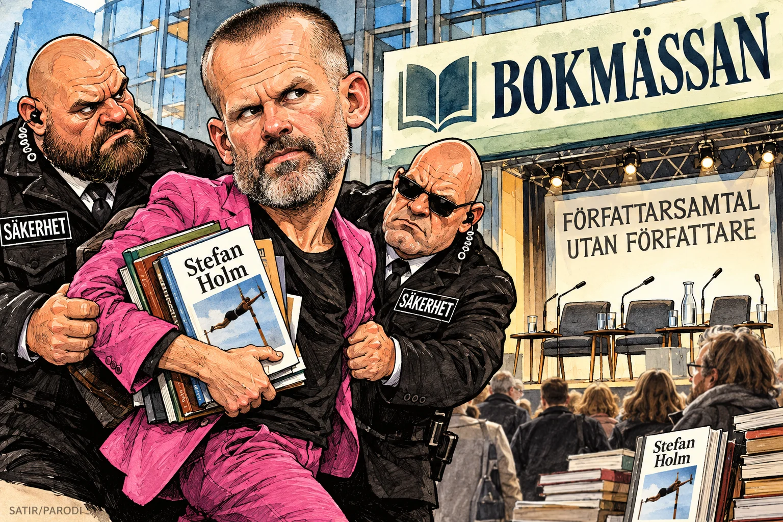 Satirillustration till artikeln: Bokmässan lanserar ny säkerhetslinje: Författarsamtal utan författare