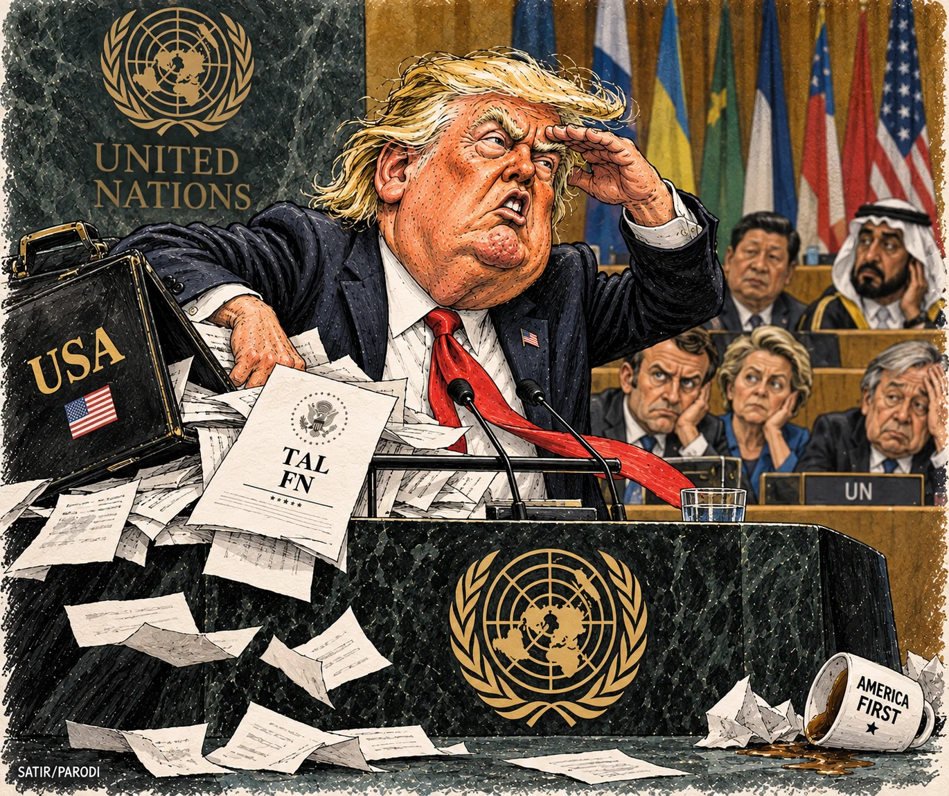 Satirillustration till artikeln: Trump till FN: USA är starkare än någonsin – frågar samtidigt om någon sett hans manus