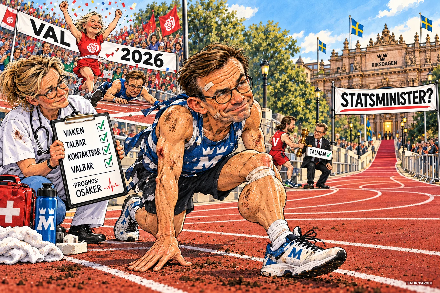 Satirillustration till artikeln: Kristersson om statsministerfrågan: ”Jag är vaken och valbar”