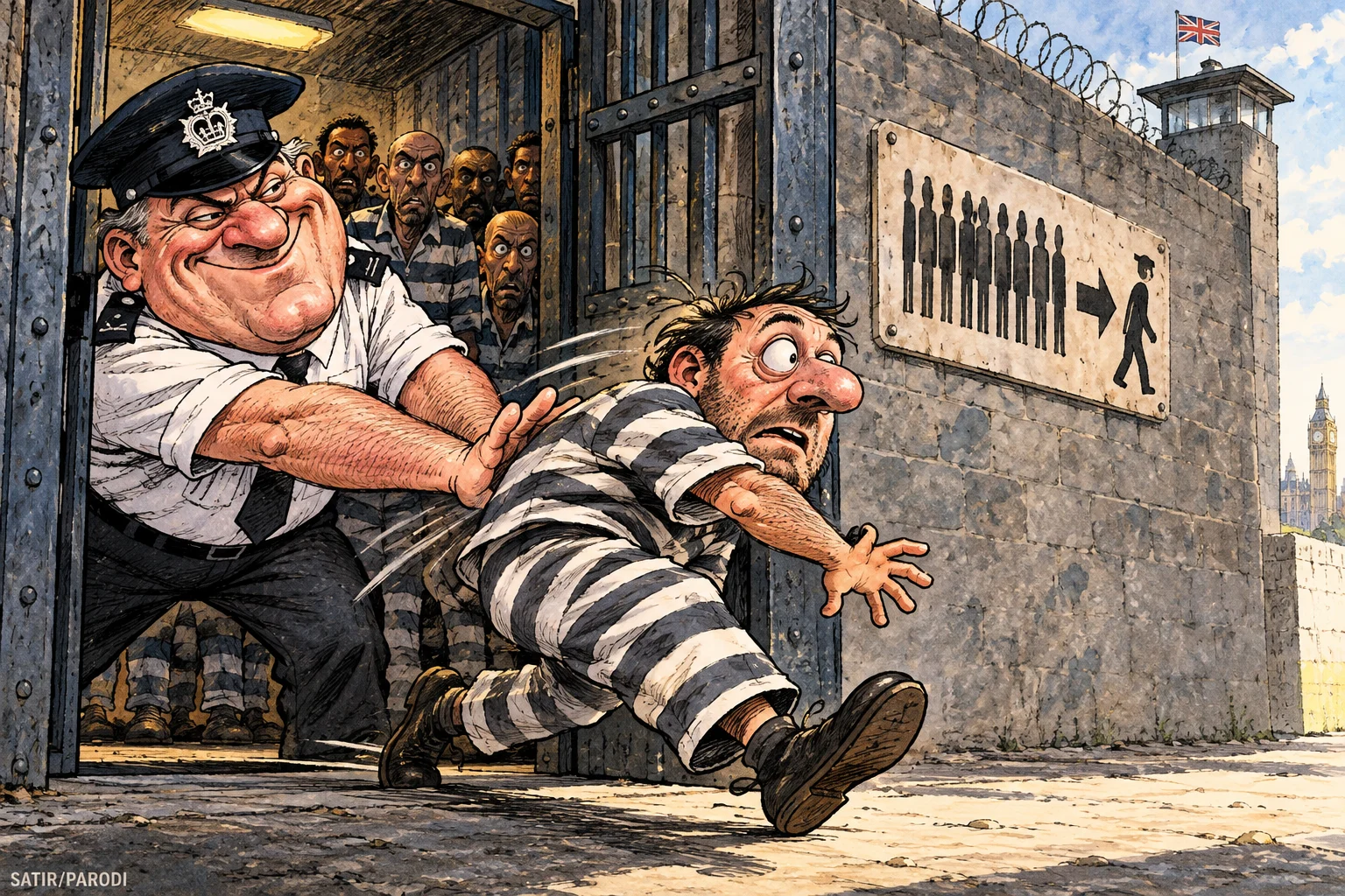 Satirillustration till artikeln: Fångar släpps ut i förtid för att nya ska komma in