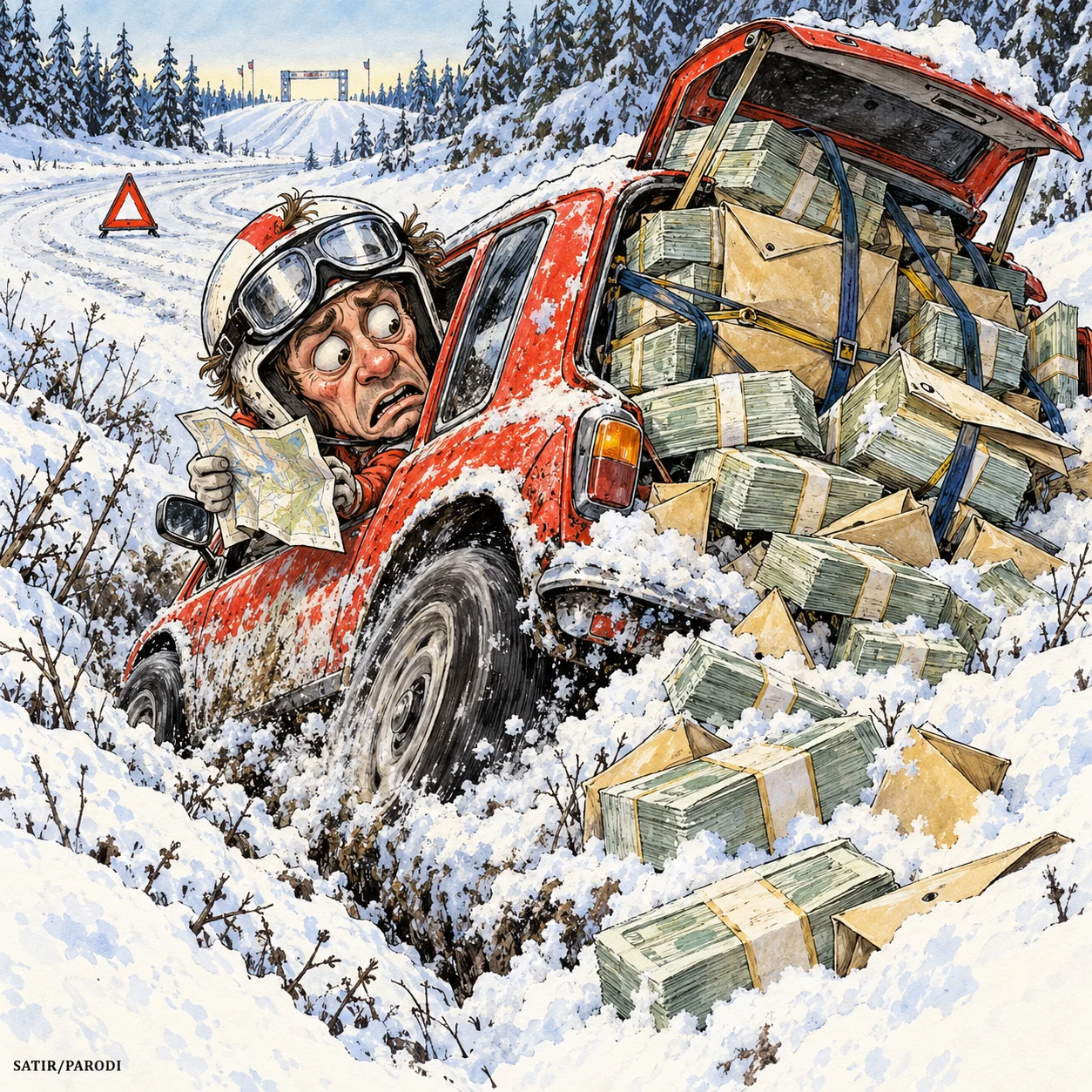 Satirillustration till artikeln: Svenska rallyt körde 2027 års pengar i diket