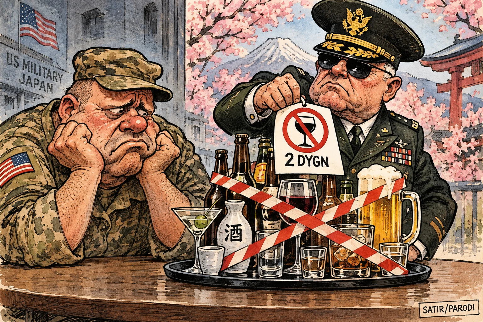 Satirillustration till artikeln: Efter kvinnomord får soldater två alkoholfria dygn