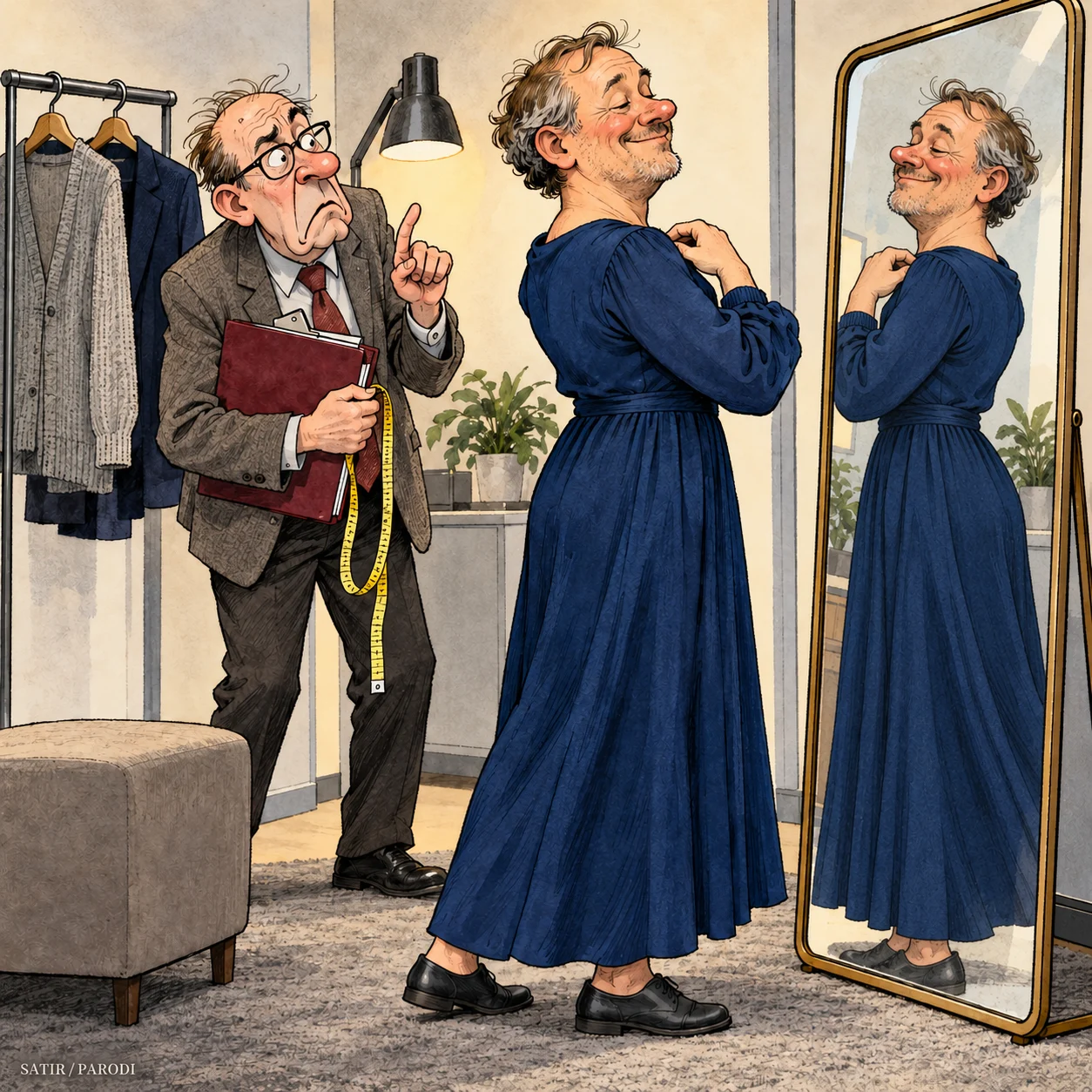 Satirillustration till artikeln: Vindeln backar från klädkoden – oklart vad den tar på sig