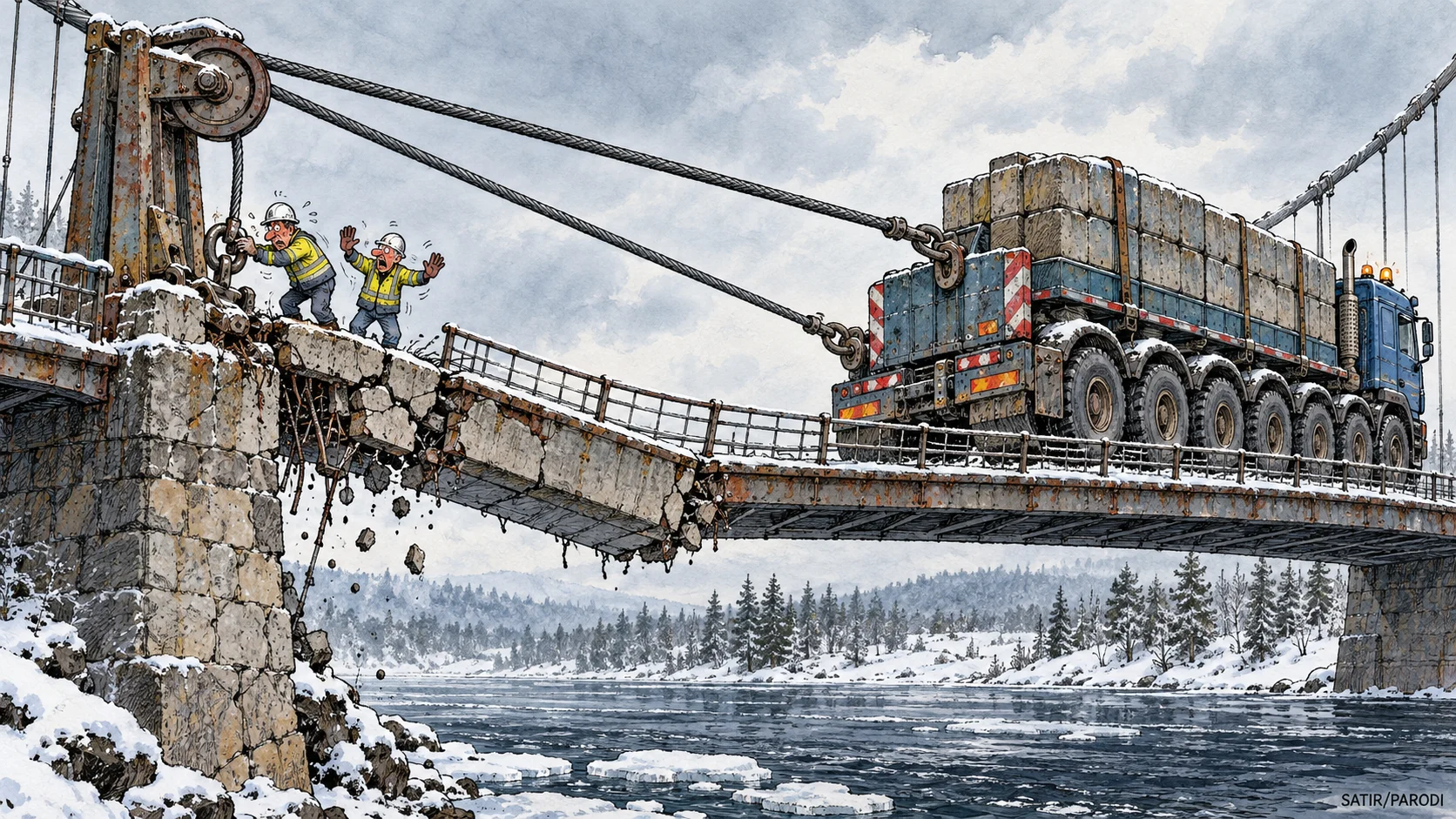 Satirillustration till artikeln: Fast lastbil blir Strömsundsbrons nya motvikt