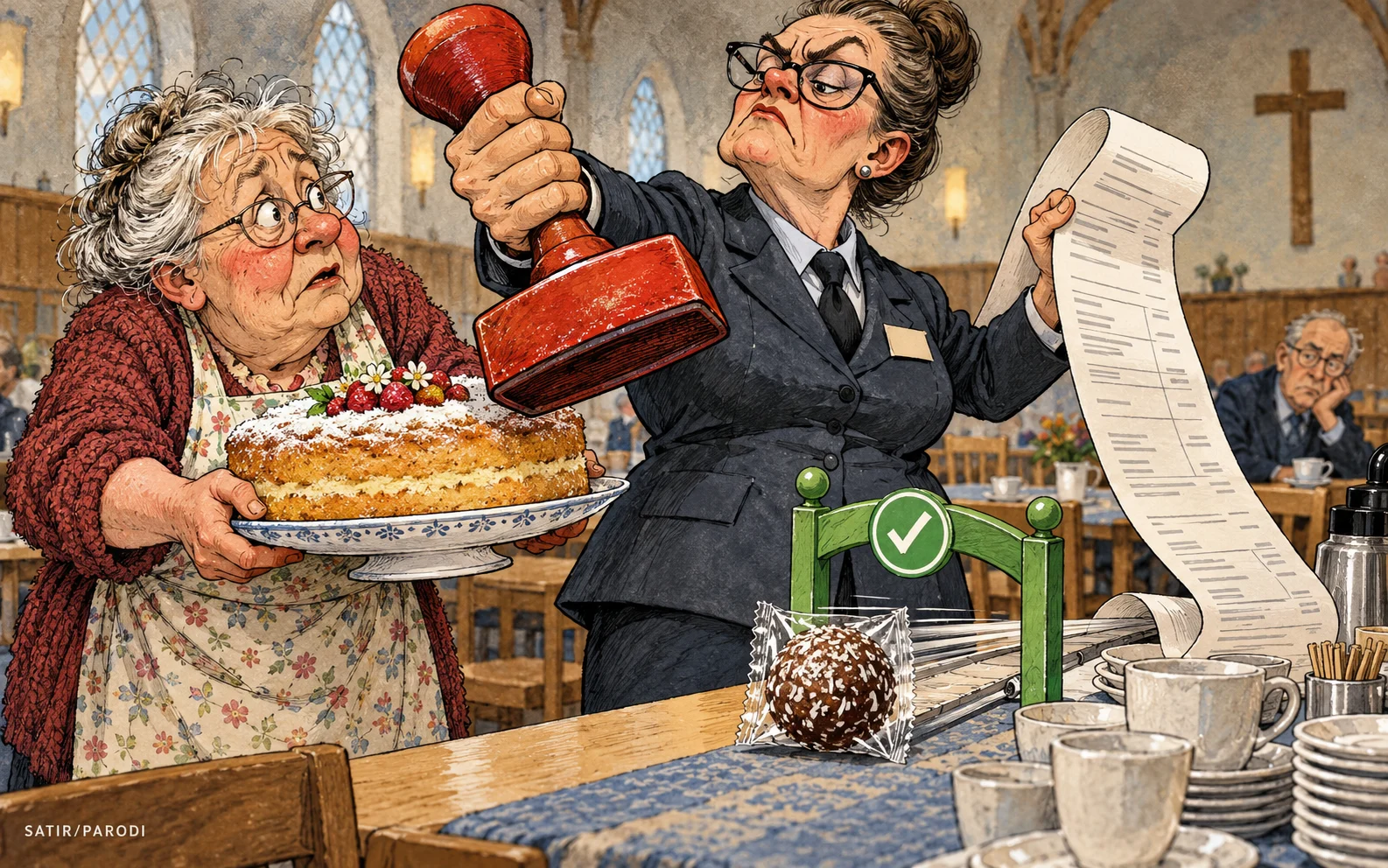 Satirillustration till artikeln: Kyrkkaffets framtid: Delicatoboll med kvitto