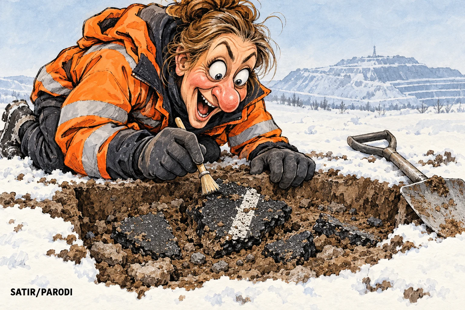 Satirillustration till artikeln: Kiruna söker nu sin nedgrävda asfalt