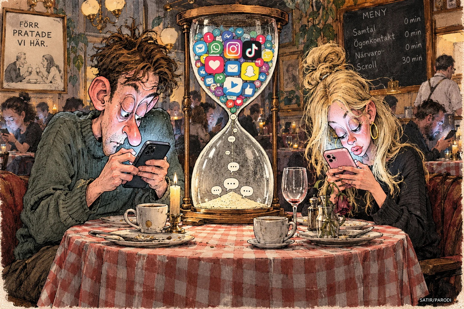 Satirillustration till artikeln: Vi lägger allt mer tid på att kommunicera – och pratar 30 procent mindre