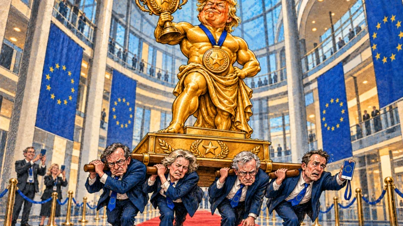 Satirillustration till artikeln: EU gav Trump VIP-pass till sitt eget motstånd