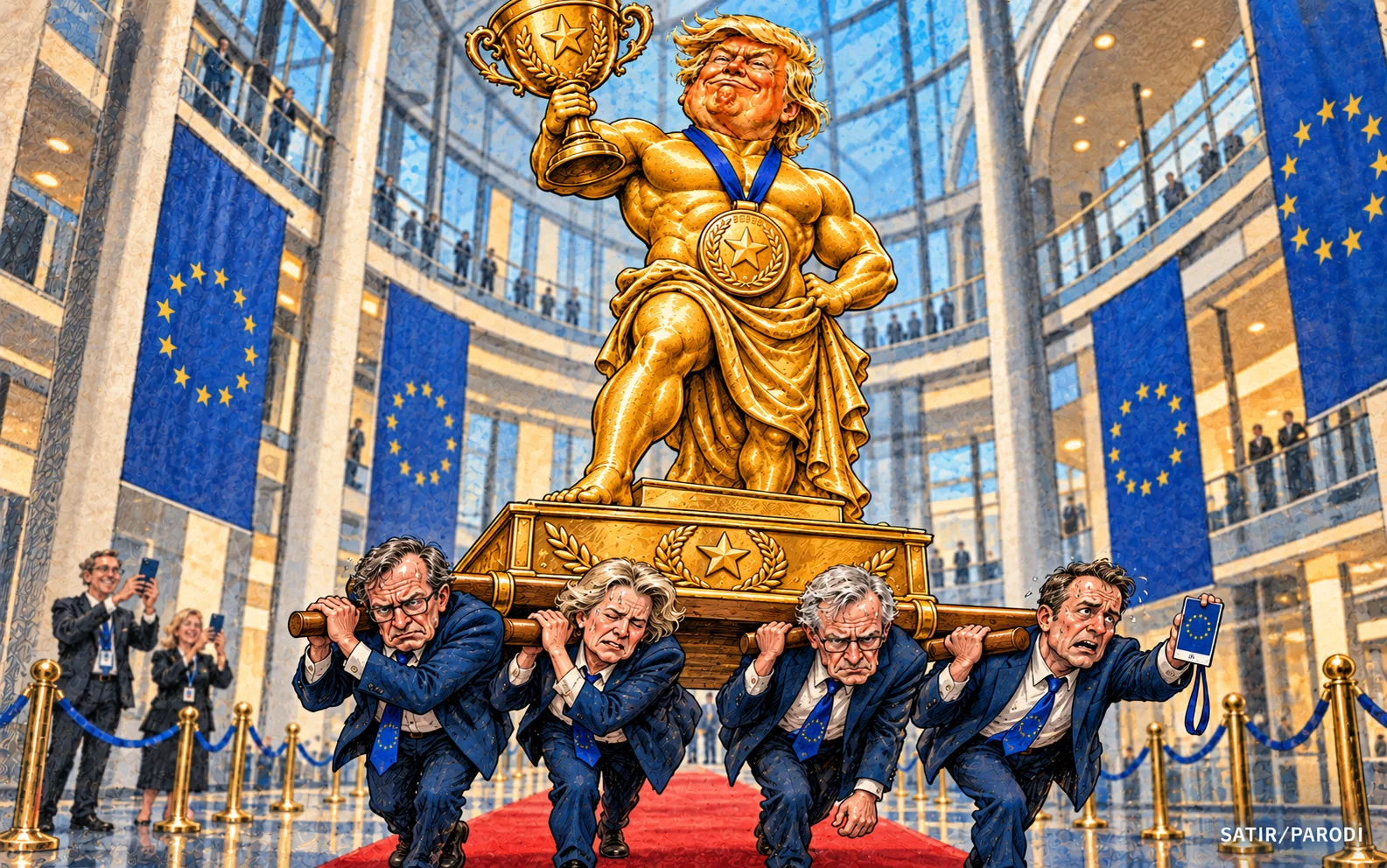 Satirillustration till artikeln: EU gav Trump VIP-pass till sitt eget motstånd